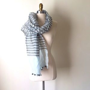 Ice Blue Gray Striped Pom Pom Long Scarf